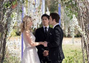 The Vampire Diaries -- "We're Planning a June Wedding" -- Image Number: VD815c_0121.jpg -- Pictured (L-R): Candice King as Caroline, Ian Somerhalder as Damon and Paul Wesley as Stefan -- Photo: Bob Mahoney/The CW -- ÃÂ© 2017 The CW Network, LLC. All Rights Reserved.